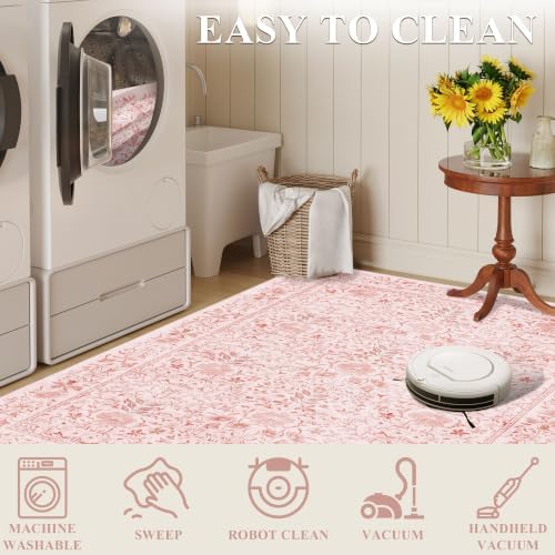 DUKINO 5x8 Area Rug, Vintage Floral Washable Rugs for Living Room, Pink - Image 7