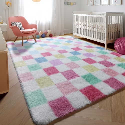 KICMOR Rainbow Checkered 6x9 Area Rugs for Living Room, Large Colorful Fluffy Soft Fuzzy Shag Shaggy Carpet for Bedroom, Cute Indoor Plush Rug for Kids Girls Boys Dorm Nursery Home Decor Aesthetic - Image 5