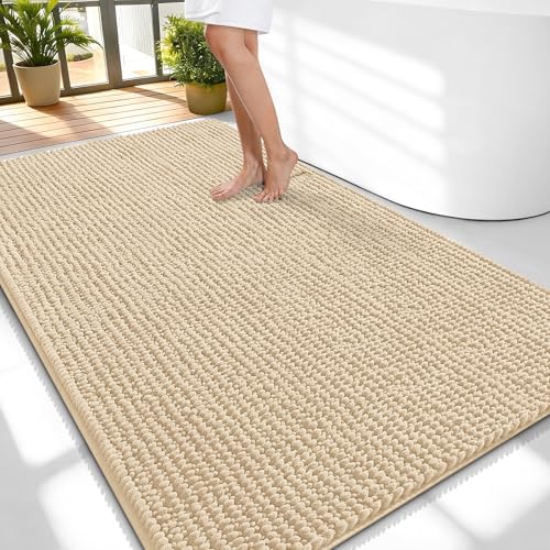 OLANLY Thick Chenille Large Bathroom Rugs 59x35, Absorbent Bath Mat, Beige by OLANLY