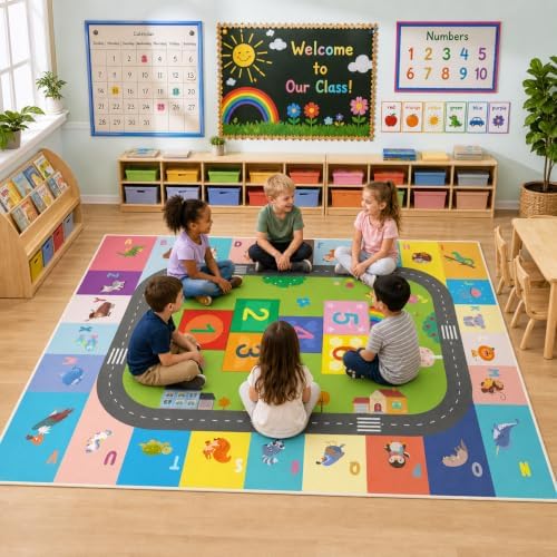 5x7ft ABC Rug for Kids Playroom, Classroom, Bedroom, Kids Carpet for Learning Alphabet, Numbers, Colors, Shapes and Animal Words,Educational Hopscotch Play Mat for Children Girls Boys by Bildenly