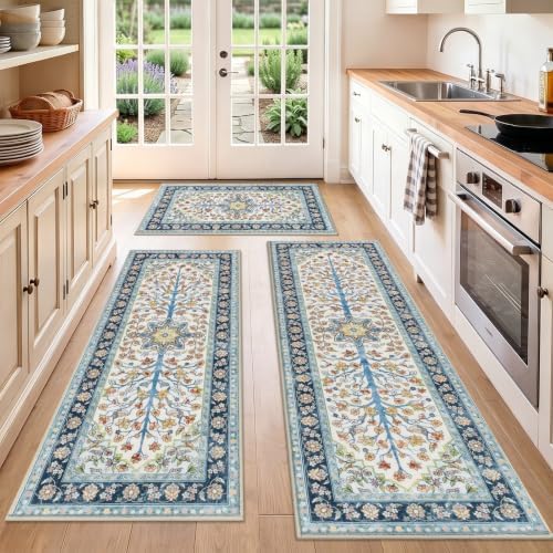 HEBE Boho Kitchen Rugs Set of 3, Non Slip Washable Kitchen Mats for Floor by HEBE