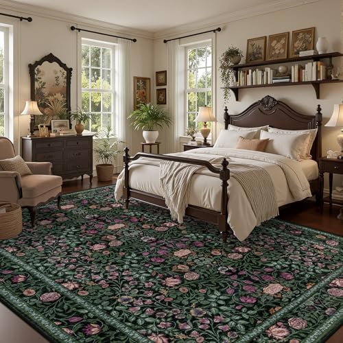10x12 Area Rug Living Room: Soft Floral Washable Carpet Green - Image 3