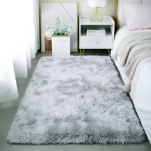 3x5 Tie-Dye Gray Fluffy Shag Rug for Bedroom, Plush Washable Carpet by KICHOWUA