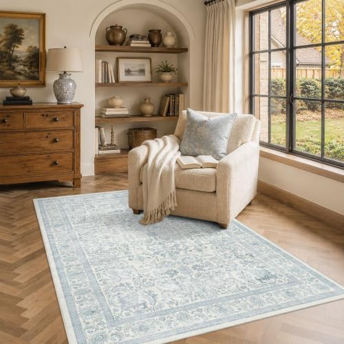 4x6 Washable Bedroom Area Rug Non-Slip Vintage Blue Throw Carpet by HOME