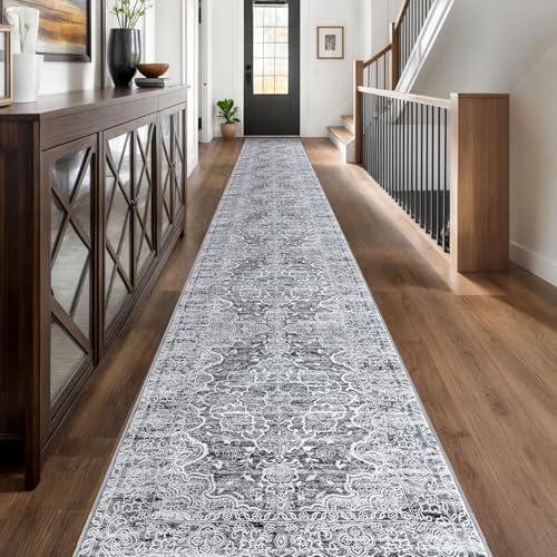 KUTA Long Runner Rug for Hallway 2.6x20ft Grey Blue White Vintage Washable by KUTA