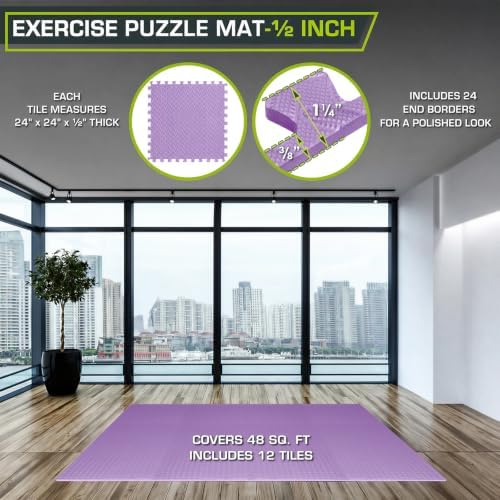 ProsourceFit Exercise Puzzle Mat 1/2-inch, EVA Interlocking Foam Floor Tiles for Home Gym, Workout Equipment, Kids Play Areas, Purple, 48 SQ FT - 12 Tiles - Image 2