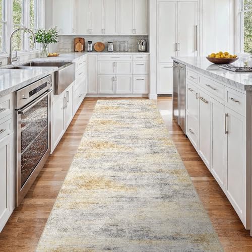 3x15 Runner Rug Washable Abstract: Non Slip Hallway Floor Mat Grey/Yellow - Image 2