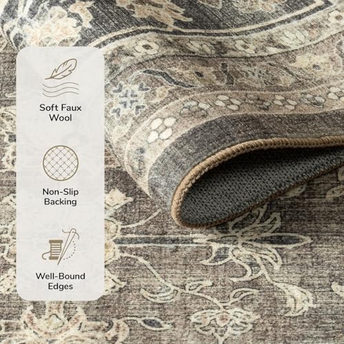 Lessymo Runner Rugs 2x6 ft, Vintage Brown Machine Washable Rug for Hallway Kitchen Bedroom, Non Slip Low Pile Soft Long Area Rug, Distressed Boho Floral Accent Carpet - Image 5