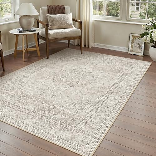 PureCozy Beige 3x5 Area Rug Washable Vintage Carpet Low Pile Non Slip by PureCozy