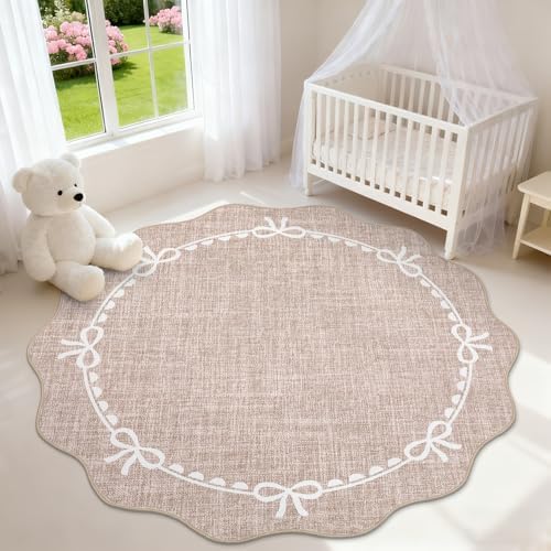 GarveeHome 5ft Round Rugs Washable Scalloped Bow Rug for Bedroom, Camel by GarveeHome