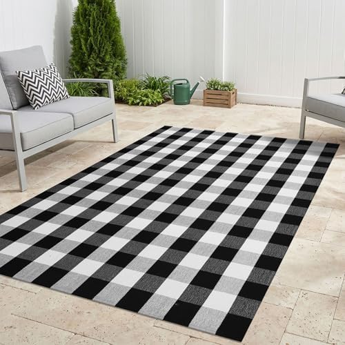 KILOCOCO Buffalo Plaid Checkered Rug 5x7 ft Black White Living Room Rug - Image 3