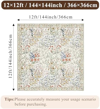 12x12 Square Area Rug Living Room: Boho Floral Washable Mat for Dining Room Bedroom Office High Traffic Area Soft Non Slip Low Pile Indoor Carpet for Vintage Farmhouse Home Decor (12ft Square, Beige) - Image 2