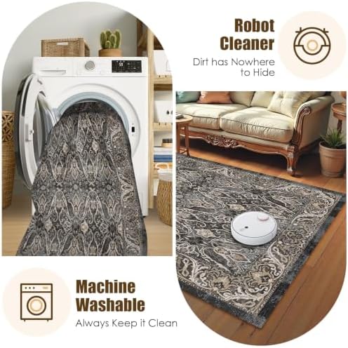 Washable Area Rug 8' x 10' Vintage Traditional Persian Mat - Foldable Distressed Non-Slip Machine Washable Carpet for Living Room Bedroom Kitchen Home Decor - Ebony and Taupe - Image 7