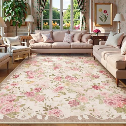 Lahome Vintage Floral 8x10 Area Rugs,Pink Large Living Room Rugs by Lahome