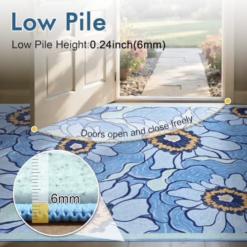 6x9 Ft Floral Area Rugs for Living Room, Thin Soft Washable Carpet Blue - Image 6