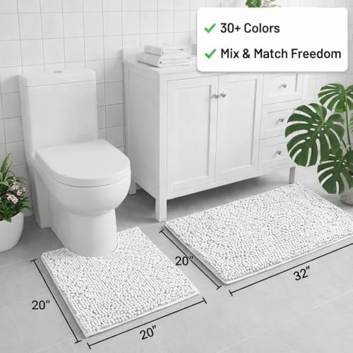 Bathroom Rugs Sets 2 Piece,Super Absorbent Chenille Bath Mats and U-Shaped Toilet Rug,Strong PVC Non Slip Backing,Microfiber Washable Dry Quickly Bath Mats for Bathroom(20"x32"+20"x20"U,White) - Image 2