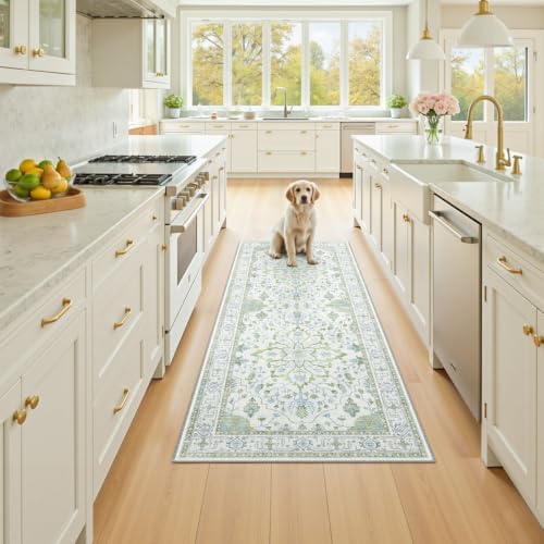 RELEANY Washable Area Rug, Runner 3'x6', Green/White/Blue by RELEANY