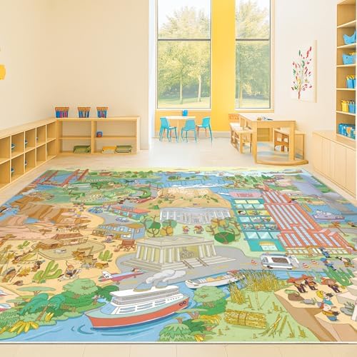 Large Kids Area Rug 6x9 – Interactive North America Map Carpet with States, Animals & Famous Landmarks – Soft Non-Slip Learning Area Rug for Kindergarten, School, or Bedroom Décor by HazoHaus