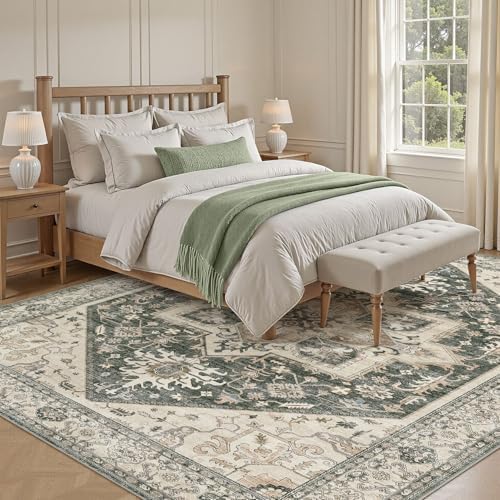 Area Rug for Living Room - 6x9 Washable Oriental Vintage Floral Large Soft Carpet - Fade Stain Resistant Non Slip Rugs for Bedroom Dining Room Nursery Dorm Office Home Decor - Vintage Green - Image 3