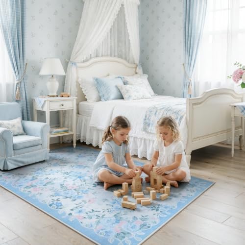 Lahome Blue Floral Bedside Rug 3x5, Low Pile Ultra-Thin Dorm Rug by Lahome