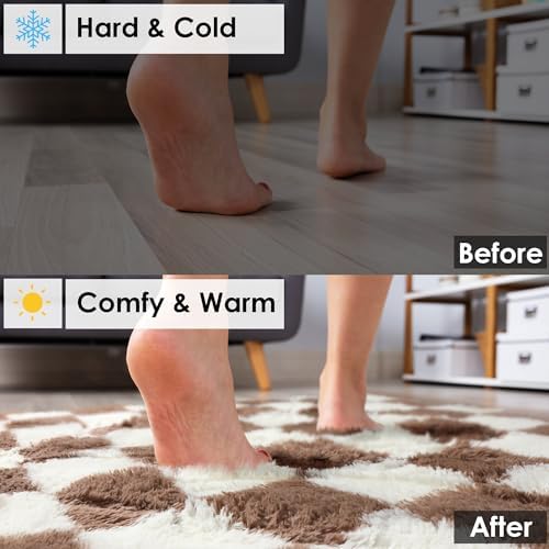 KICMOR 4x6 Brown and Cream White Area Rugs for Bedroom, Fluffy Shag Shaggy Fuzzy Checkered Living Room Rug, Soft and Comfy Bedside Carpet, Furry Plush Rug for Kids Room Nursery Home Decor Aesthetic - Image 6