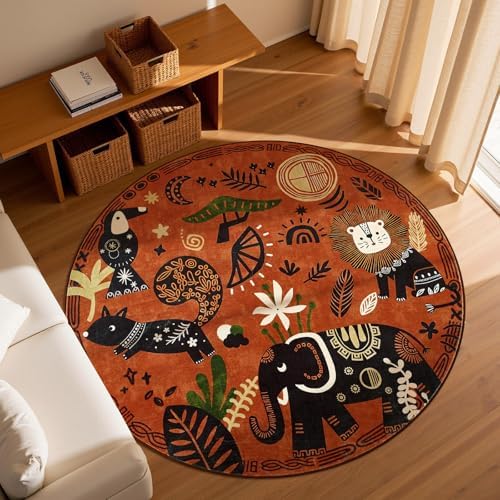 jinchan 5ft Cute Round Rug Kids Washable Fun Rug Terracotta Boho Jungle Mat by JINCHAN