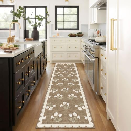 Non Slip Washable Hallway Runner Rug - 2.6x10 Long Tan Kitchen Runner Rug Soft Boho Runners for Hallways Cottage Floral Scalloped Area Rug for Bedroom Entryway Foyer Bathroom Double Vanity - Image 7