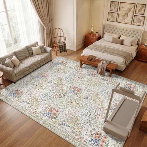 Large Washable Area Rug 12x15: Vintage Floral Distressed Botanical Rug - Machine Washable Non Slip Low Pile Soft Foldable Carpet - Great Room Open Concept Family Room Luxury Indoor Rug - 12'x15' Beige - Image 4
