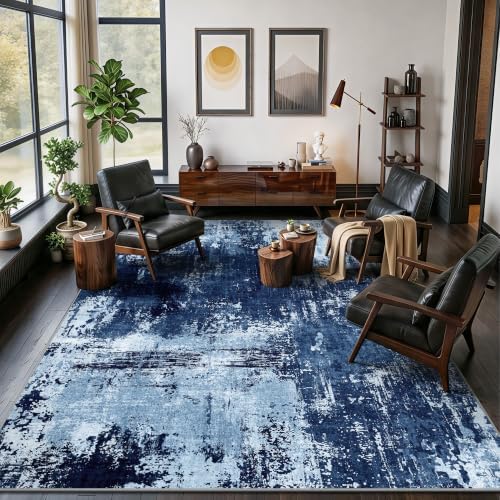 5x7 Rugs for Living Room - Modern Abstract Washable Rug, Ultra Soft Non Slip Low Pile Large Rugs, Floor Carpet for Bedroom Dining Room Office Laundry Nursery Home（Blue & White） by Yarooge