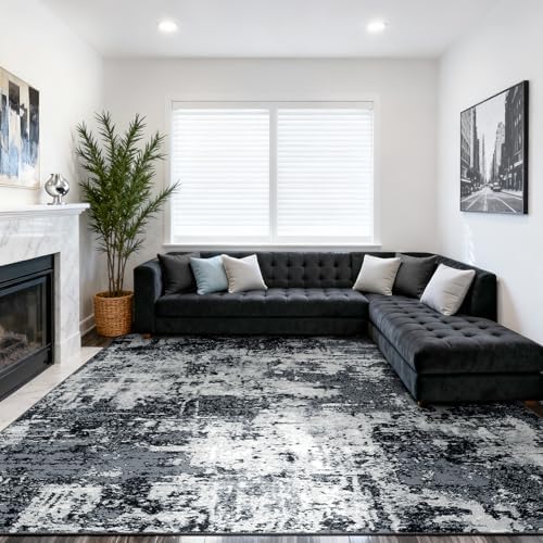 RELEANY Washable 9'x12' Abstract Area Rug for Living Room Black White - Image 2