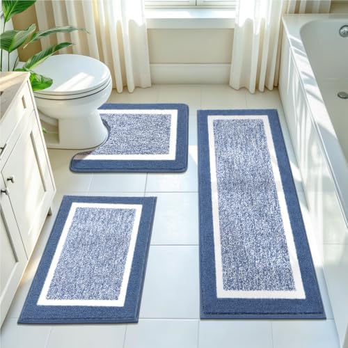 Pauwer Bathroom Rugs 3 Piece Set, Non Slip Washable Bath Mat, Blue by Pauwer