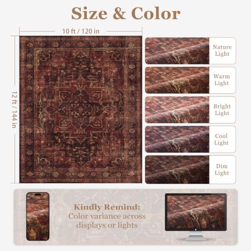 Washable Area Rug 10'x12' Living Room, Vintage Medallion, Dark Red - Image 2