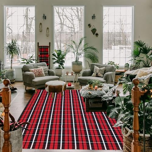 Buffalo Plaid Outdoor Rug, 4' x 6' Christmas Red & Black Check Indoor/Outdoor Area Rug, Layering Rug for Hello/Welcome Door Mat, Machine Washable Cotton Woven Farmhouse Mat for Front Porch Decor - Image 7