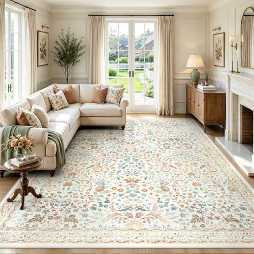 Tosuoka 8x10 Area Rugs Washable Vintage Floral Boho Beige Living Room Rug by Tosuoka