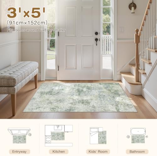 Tortania Area Rug Living Room Rugs - 3x5 Washable Soft Neutral Boho Moroccan Farmhouse Mat Indoor Floor Carpet for Bedroom Under Dining Table Home Office Decor - Sage Green - Image 3