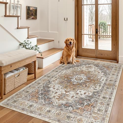 Madane Area Rug 3x5, Washable Vintage Entry Rugs for Bedroom, Turmeric/Grey by Madane