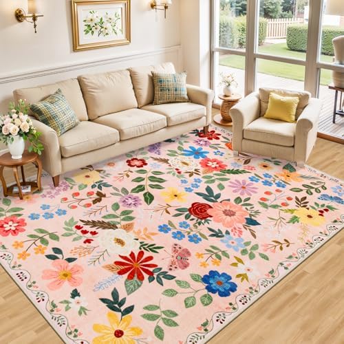 PLHXFR 6x9 Area Rug Living Room: Floral Washable Boho Soft Carpet Beige - Image 2