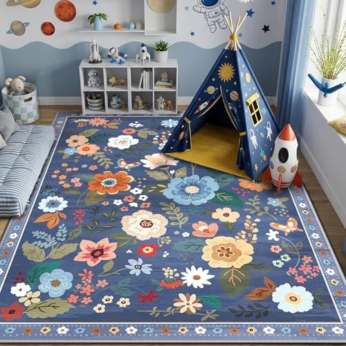RELEANY Floral Washable 6x9 Area Rugs Blue/Grey by RELEANY