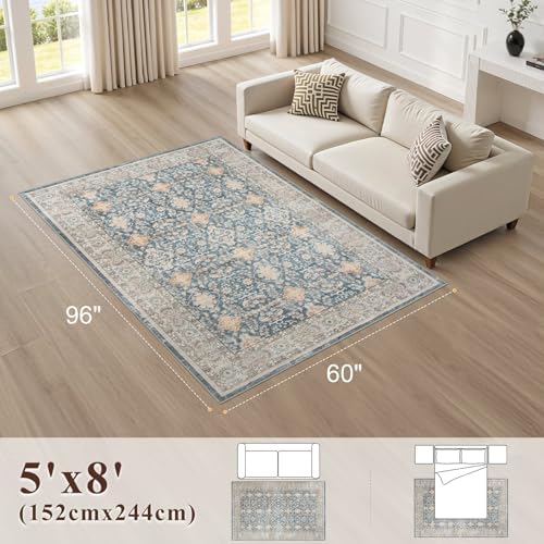 cotiled 5x8 Area Rug for Living Room, Washable, Traditional, Dark Blue - Image 2