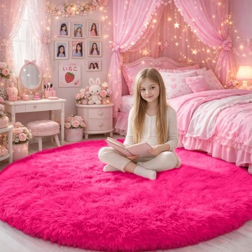 Amdrebio Hot Pink Plush Round Circle Rug 5Ft for Girls Bedroom Playroom - Image 2