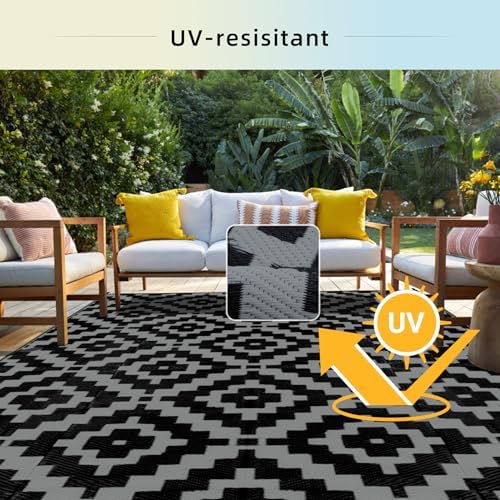Favoyard Outdoor Rug Black & Grey 5x8 ft Waterproof Reversible Carpet Mat - Image 3
