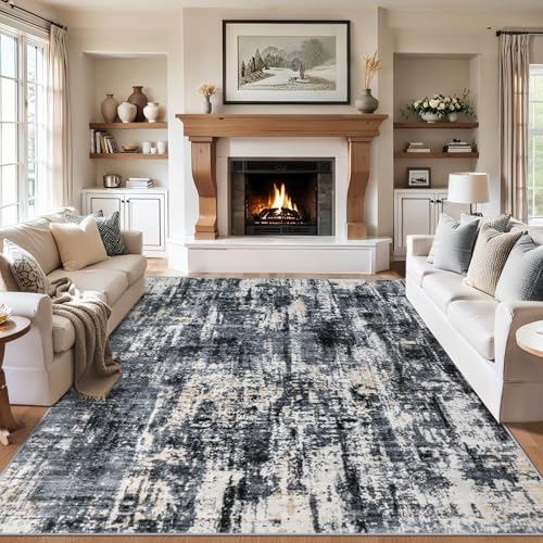 PLHXFR 10x12 Area Rug Living Room: Abstract Washable Carpet Black Gold by PLHXFRSoftAreaRugs