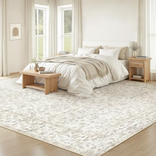 Living Room Rugs 9x12: Washable Moroccan Geometric Boho Rug Farmhouse Non Slip Stain Resistant Large Rug Low Pile Soft Carpet for Bedroom Dining Room Children Room (Beige Floral,9'x12') - Image 2