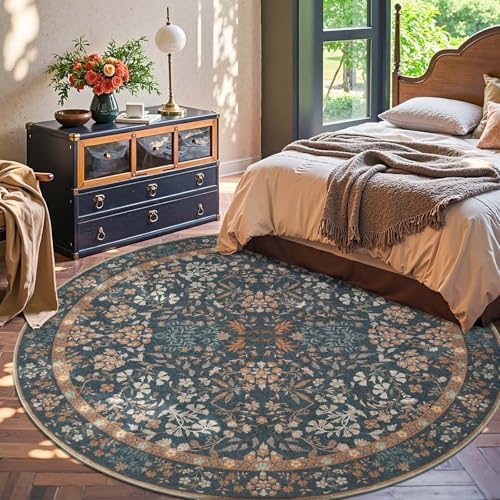 jinchan 7ft Washable Round Area Rug, Vintage Floral, Dark Blue - Image 3