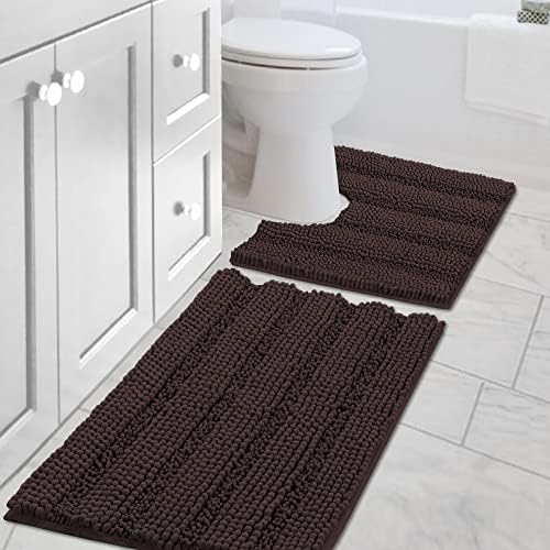 Bathroom Rugs Bath Rug Set 2 Piece Bathroom Contour Rug Toilet Mat Sets Non Slip Contour Bath Rug Set Ultra Thick Water Absorbent Striped Bath Mats Washable(20" x 32" Plus 20" x 20" U, Chocolate) by HVERSAILTEX