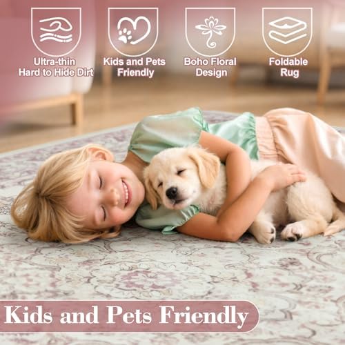 Wonnitar Floral Washable 8x10 Rug, Pink Area Rug for Bedroom Girls, Soft Non Slip Ultra-Thin Large Boho Vintage Home Decor Carpet for Living Room Nursery Dining Room Girl Room - Image 4