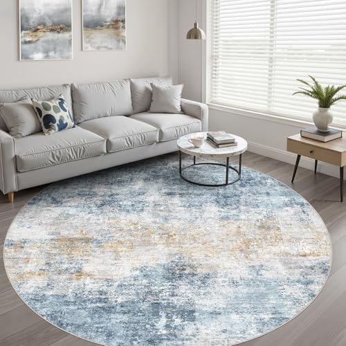LOONGRUG Round Rug 6x6 Washable Neutral Modern Living Room Rug Blue Gold - Image 6