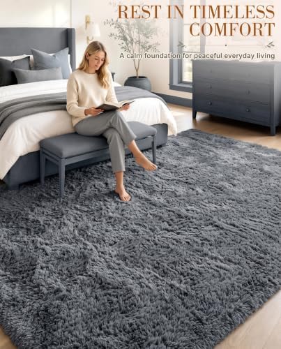 OLANLY 5x7 Machine Washable Large Area Rugs for Living Room, Bedroom, Soft Fluffy Shaggy Bedside Rug, Indoor Floor Carpet for Kids Girls and Boys, Dorms, Nursery, Home Decor Aesthetic, Grey - Image 3