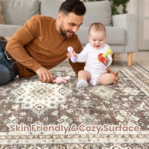 cotiled 9x12 Area Rug for Living Room, Washable, Traditional, Dark Brown - Image 5