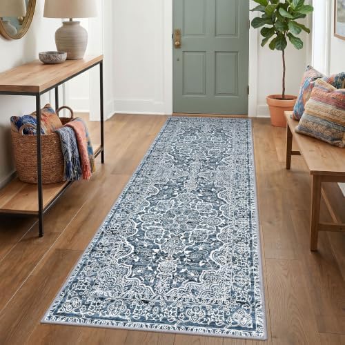 KUTA Vintage Washable Runner Rug 3x7 Blue White Wide Hallway Runner by KUTA